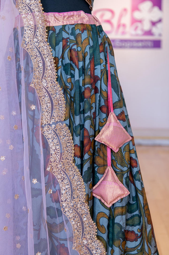 Lehengas - Grey And Light Pink Pen Kalamkari Lehenga