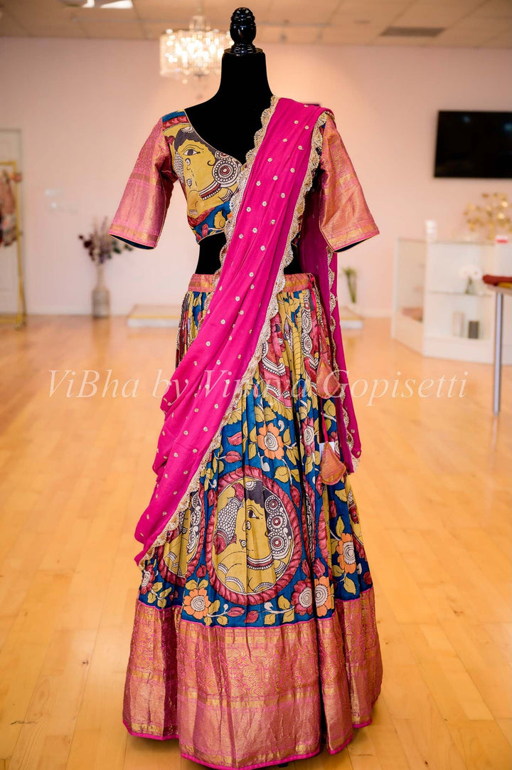 Lehengas - Indigo Blue And Pink Kanchi Silk Pen Kalamkari Halfsaree / Lehenga Set