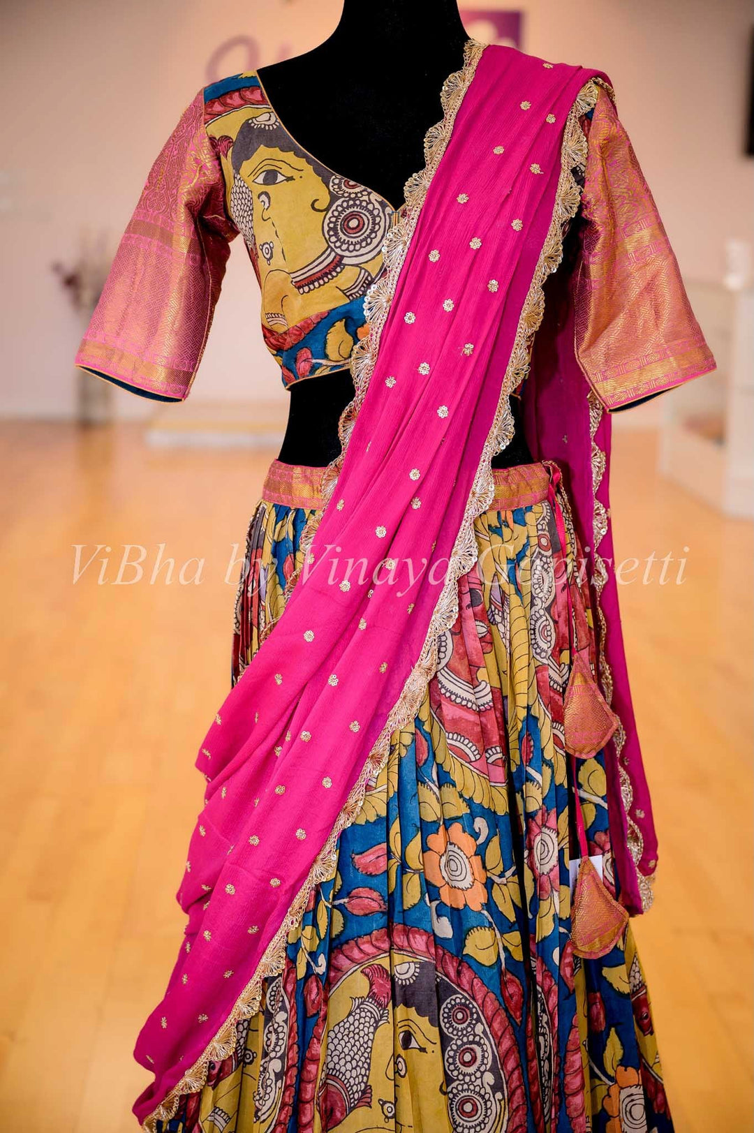 Lehengas - Indigo Blue And Pink Kanchi Silk Pen Kalamkari Halfsaree / Lehenga Set