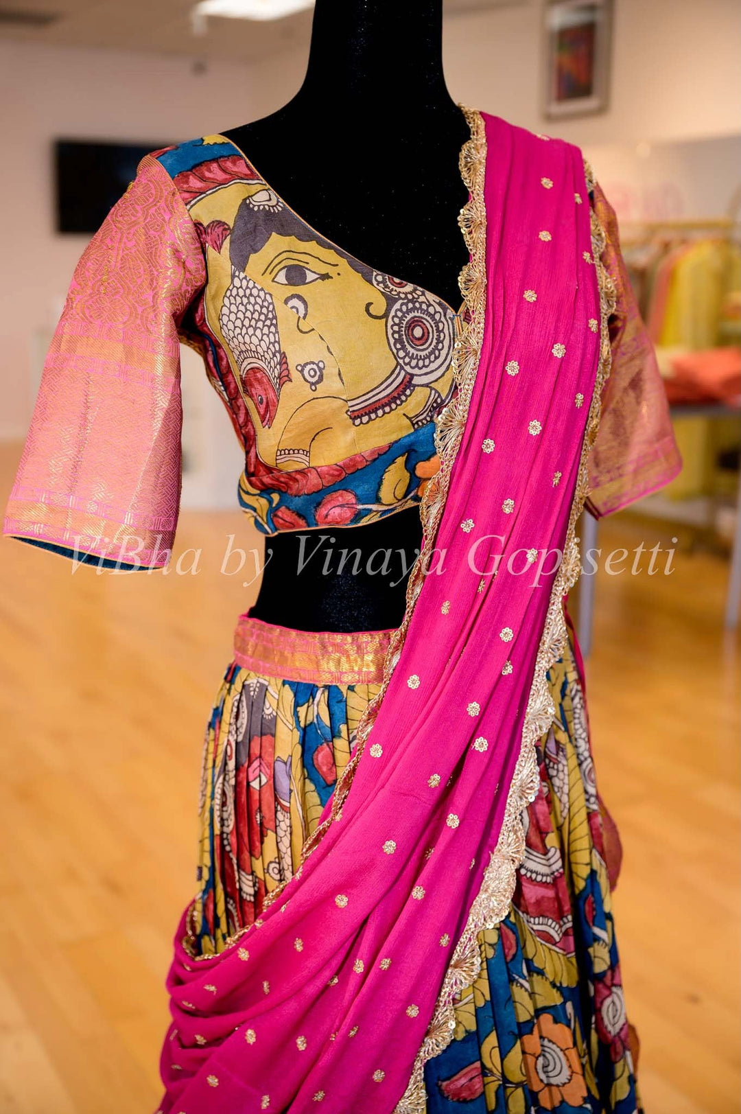 Lehengas - Indigo Blue And Pink Kanchi Silk Pen Kalamkari Halfsaree / Lehenga Set