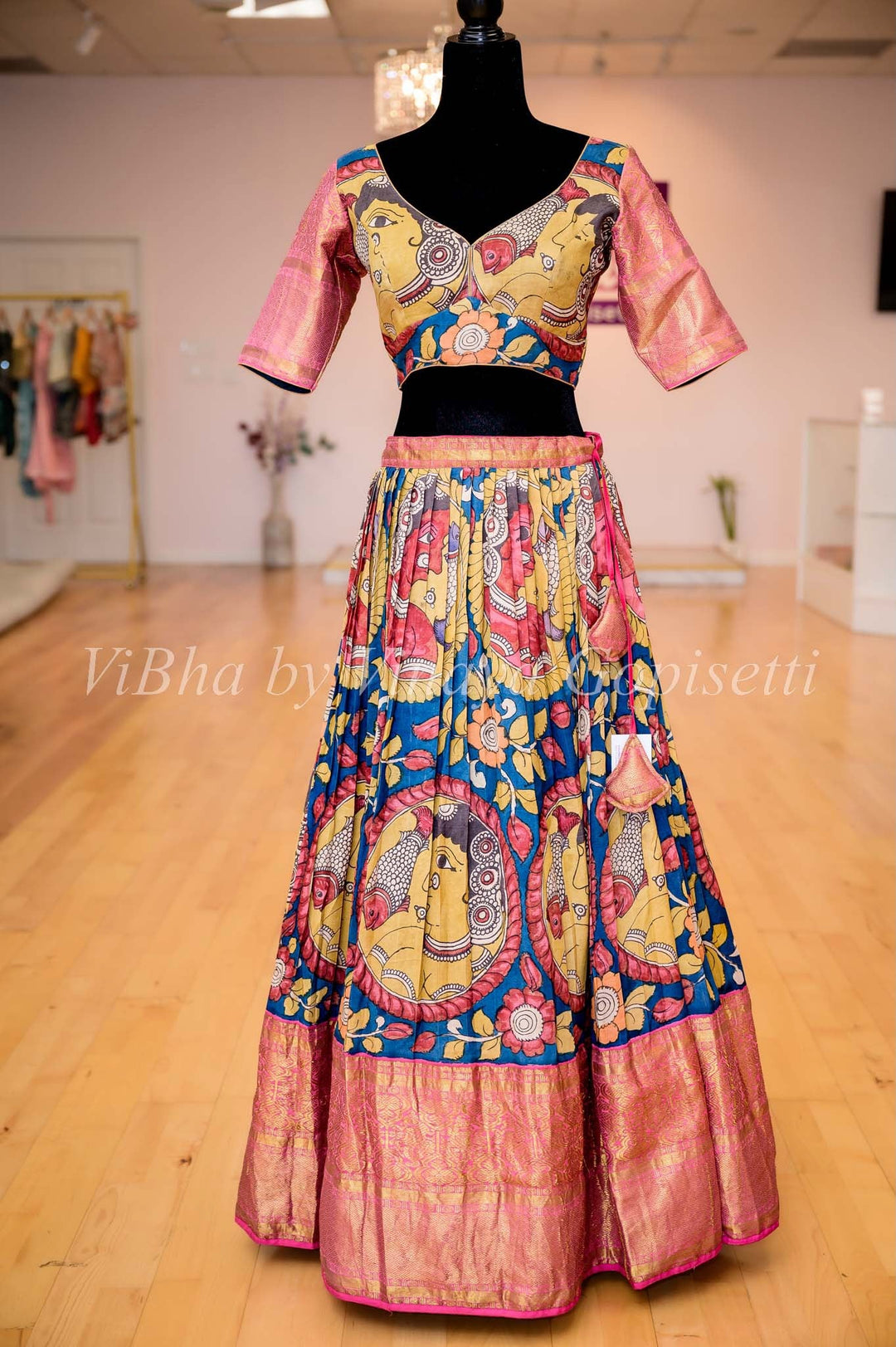 Lehengas - Indigo Blue And Pink Kanchi Silk Pen Kalamkari Halfsaree / Lehenga Set