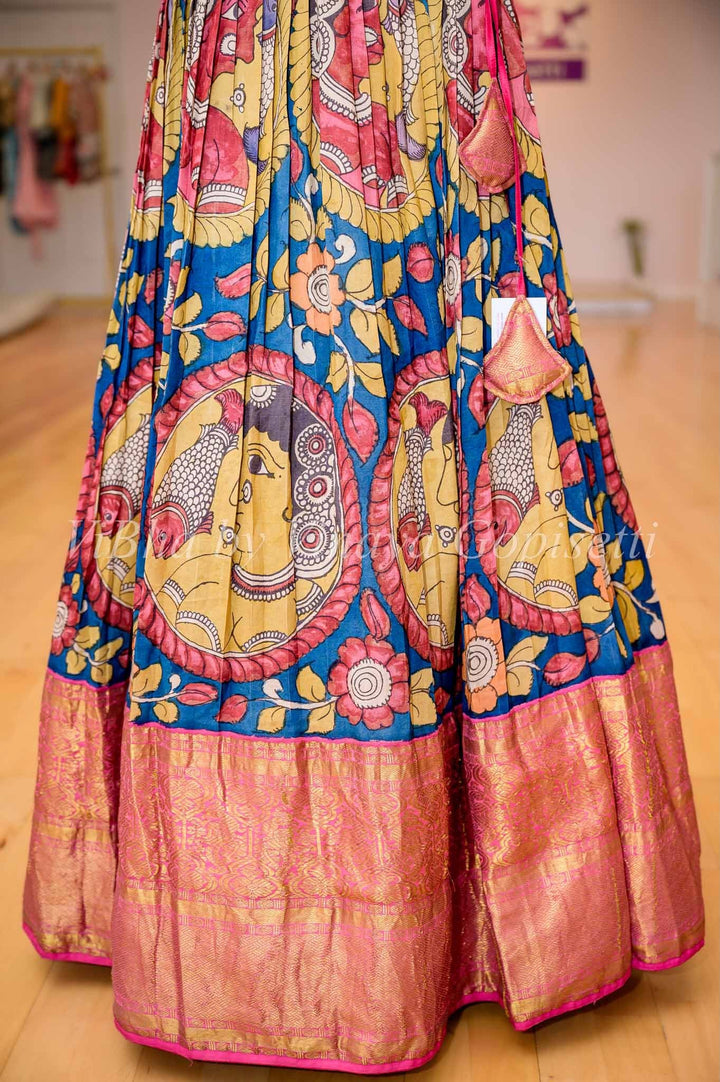 Lehengas - Indigo Blue And Pink Kanchi Silk Pen Kalamkari Halfsaree / Lehenga Set