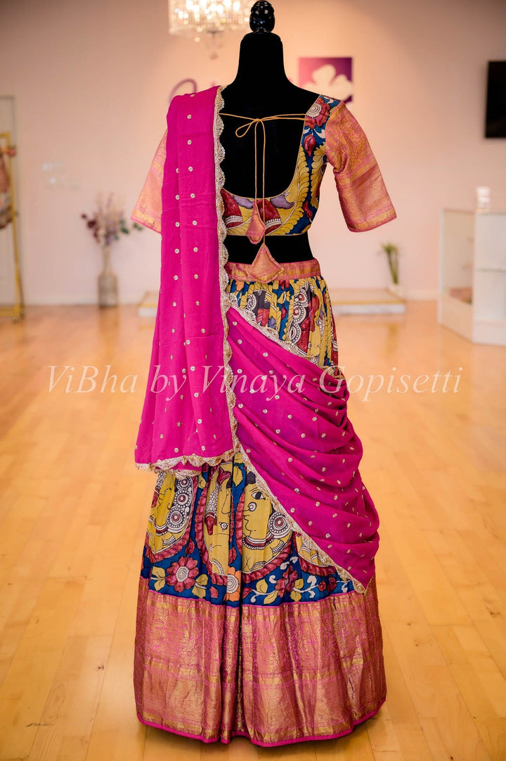 Lehengas - Indigo Blue And Pink Kanchi Silk Pen Kalamkari Halfsaree / Lehenga Set