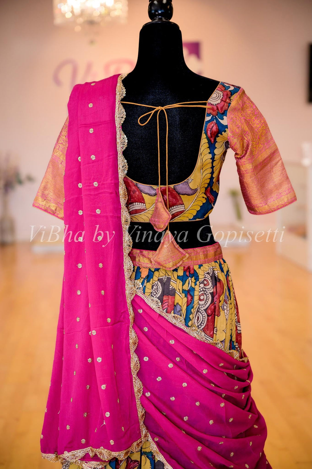 Lehengas - Indigo Blue And Pink Kanchi Silk Pen Kalamkari Halfsaree / Lehenga Set