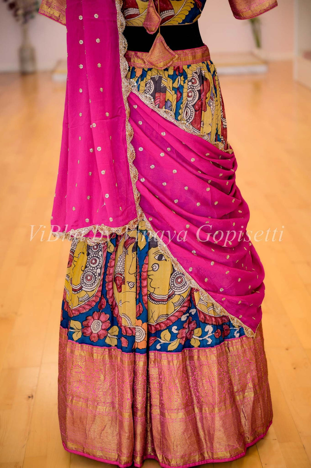 Lehengas - Indigo Blue And Pink Kanchi Silk Pen Kalamkari Halfsaree / Lehenga Set