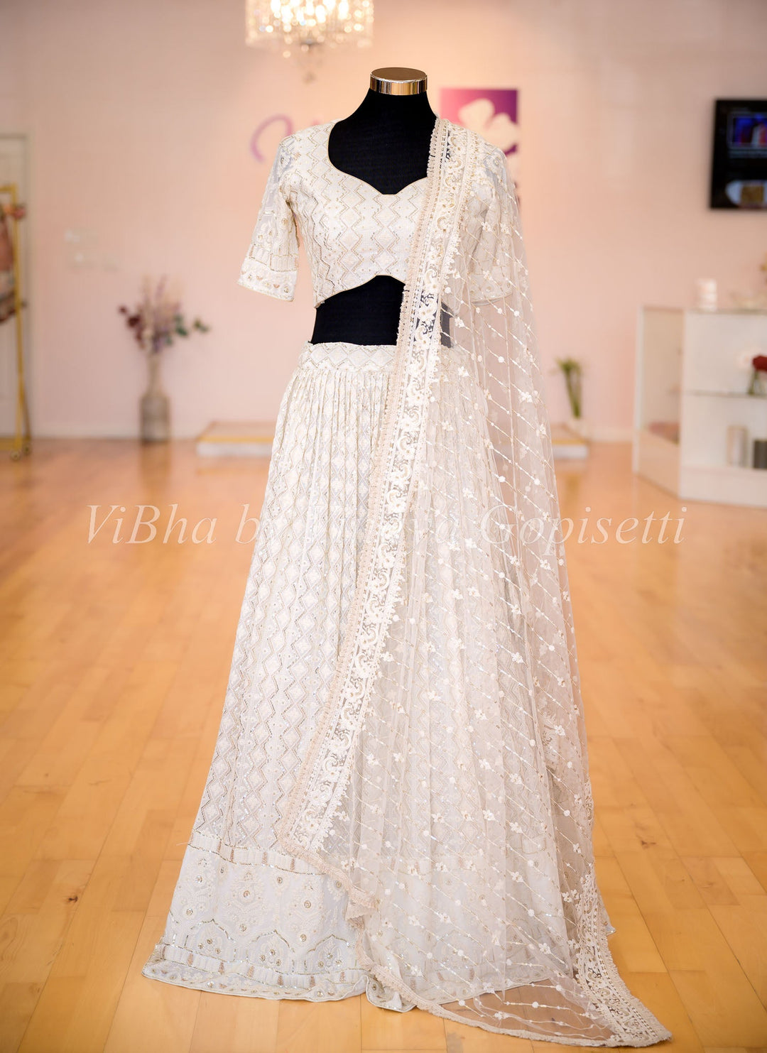 Lehengas - Ivory White Mukaish Embroidered Lehenga Set