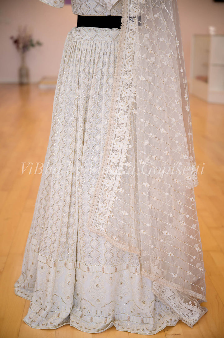 Lehengas - Ivory White Mukaish Embroidered Lehenga Set