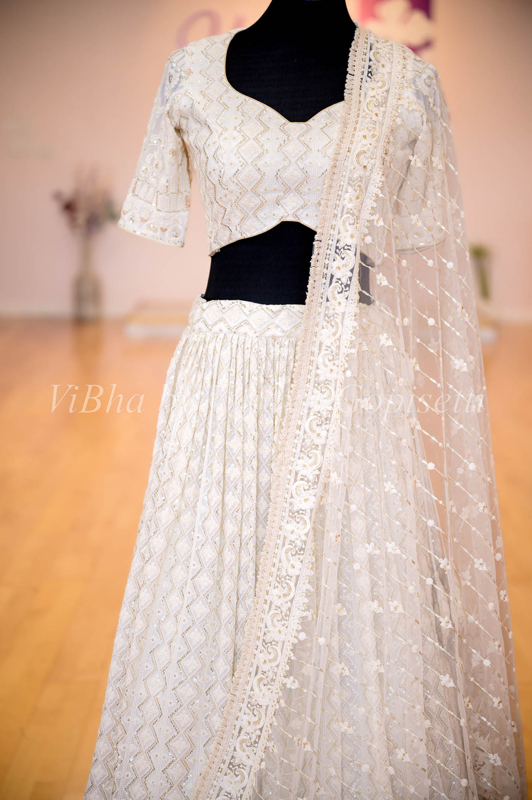 Lehengas - Ivory White Mukaish Embroidered Lehenga Set