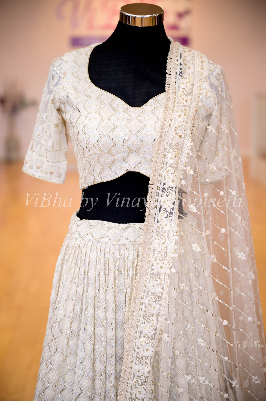 Lehengas - Ivory White Mukaish Embroidered Lehenga Set