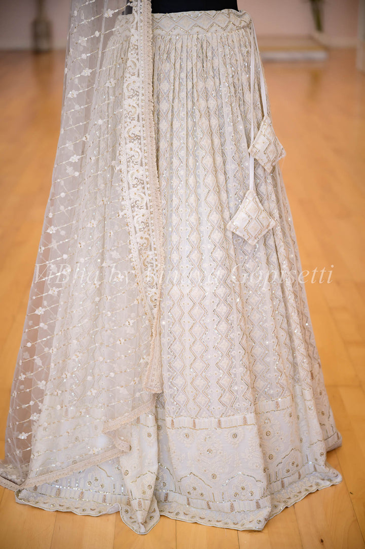 Lehengas - Ivory White Mukaish Embroidered Lehenga Set