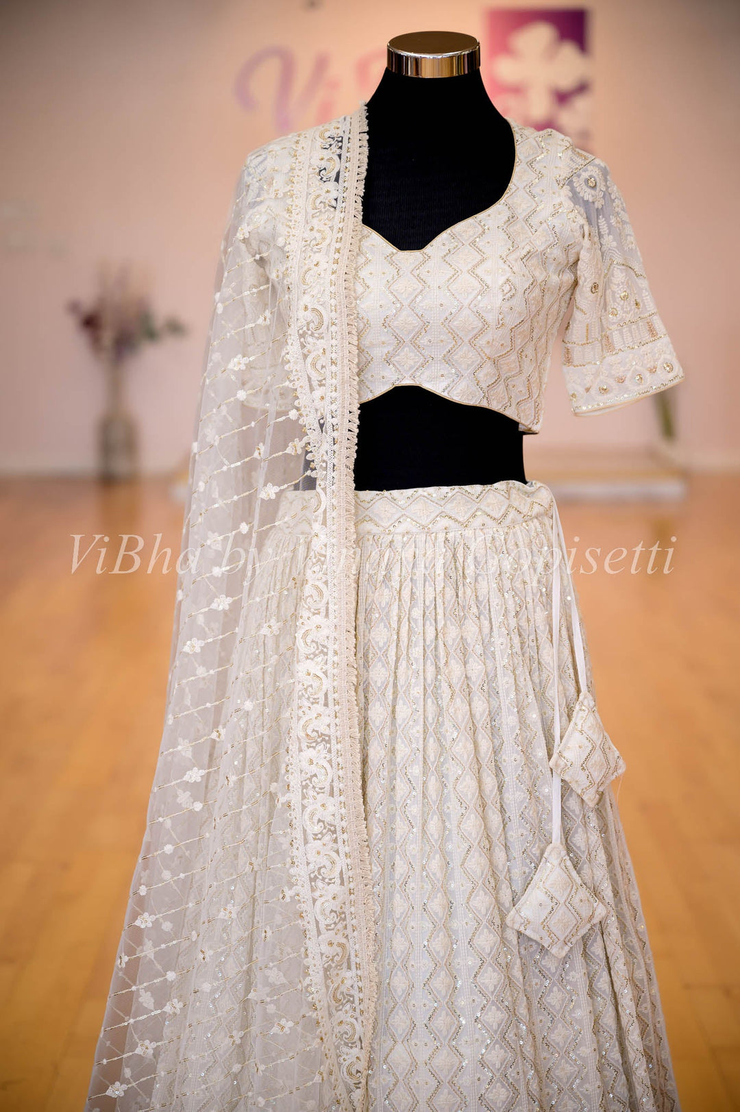 Lehengas - Ivory White Mukaish Embroidered Lehenga Set