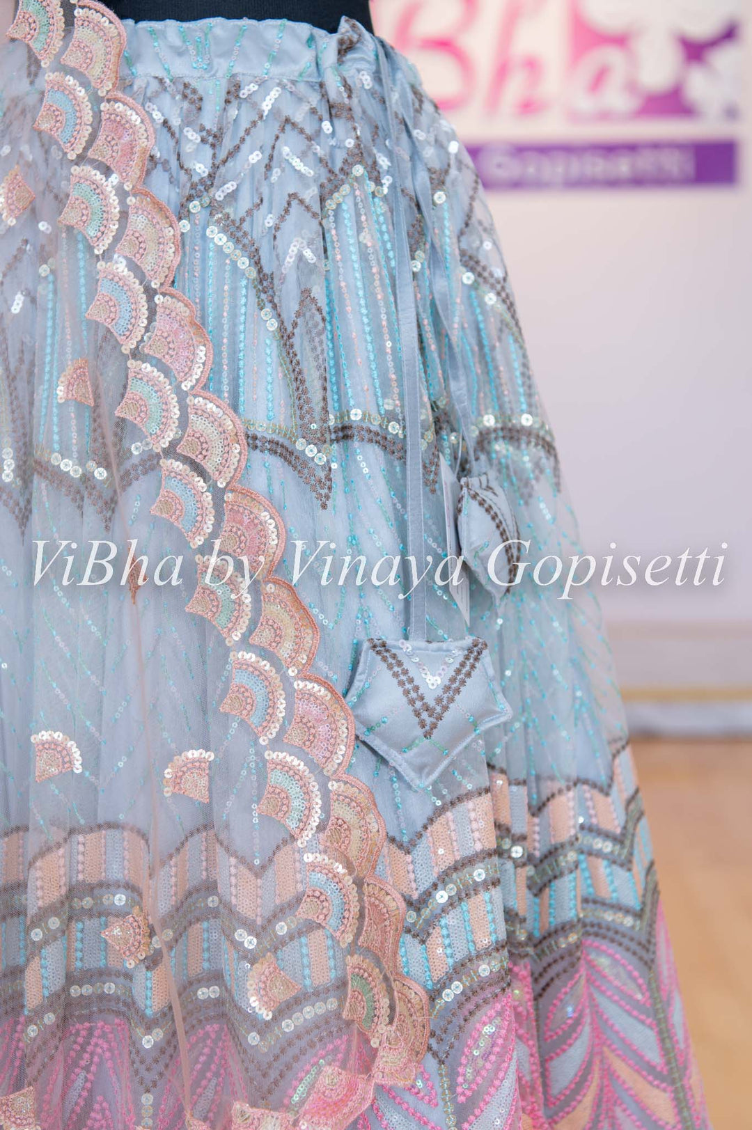 Lehengas - Light Blue Sequin Chevron Embroidered Lehenga