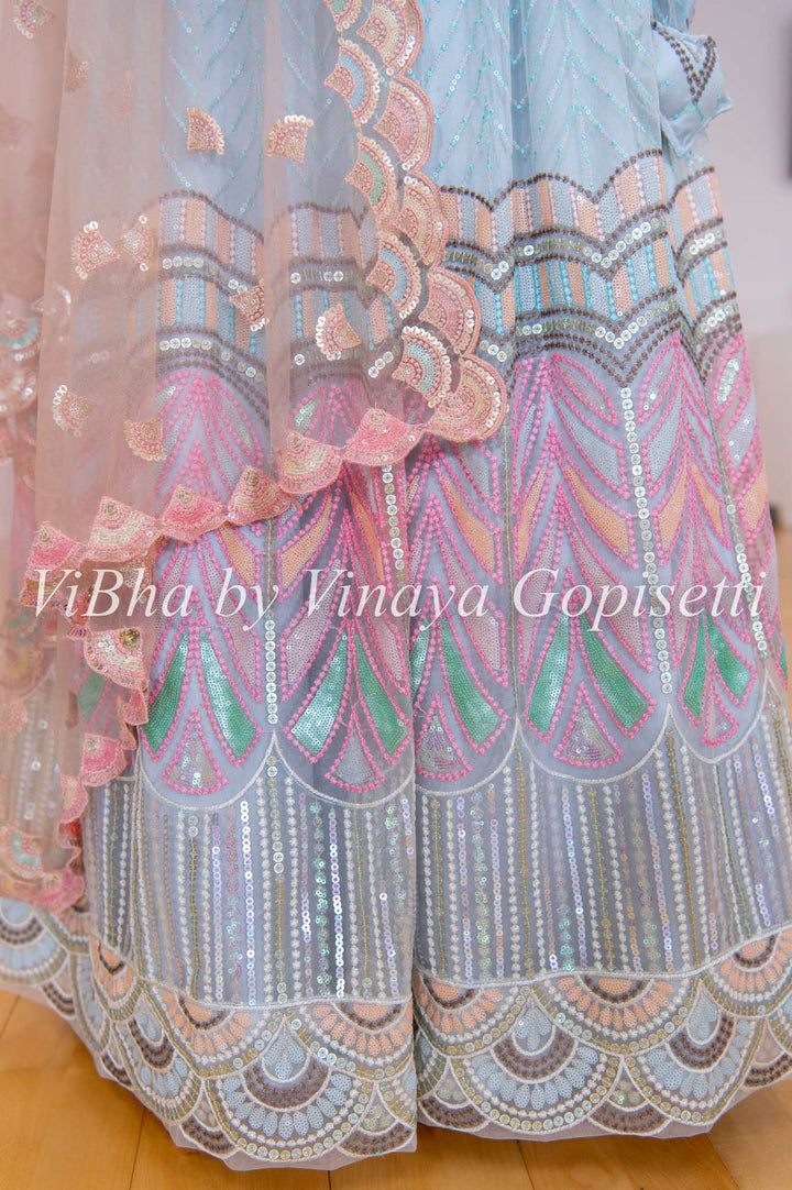 Lehengas - Light Blue Sequin Chevron Embroidered Lehenga