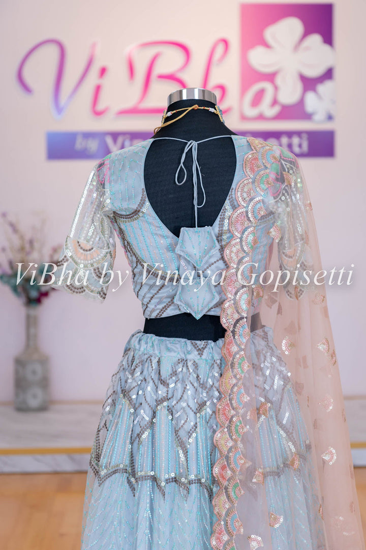 Lehengas - Light Blue Sequin Chevron Embroidered Lehenga