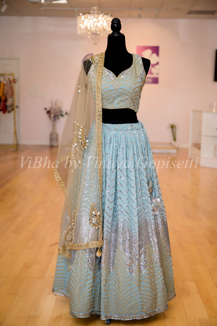 Lehengas - Light Blue Silver And Gold Sequin Lehenga