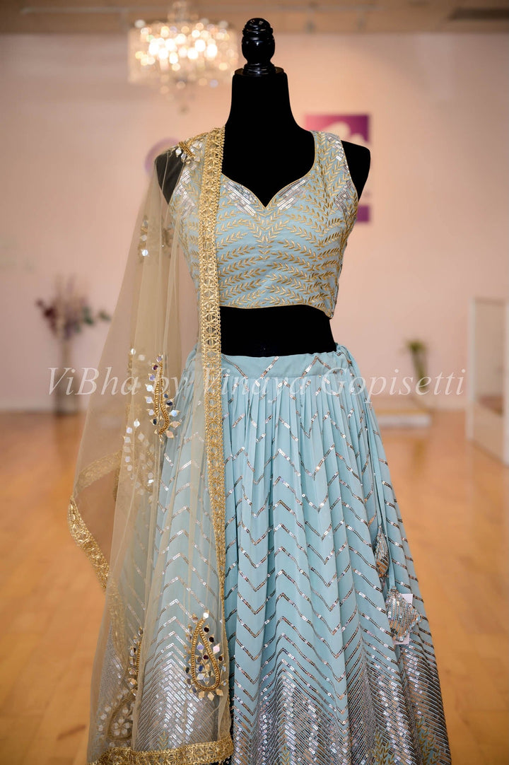 Lehengas - Light Blue Silver And Gold Sequin Lehenga