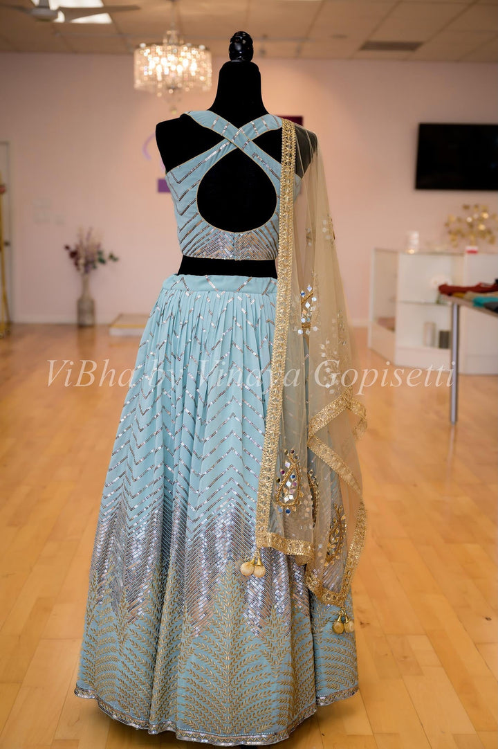 Lehengas - Light Blue Silver And Gold Sequin Lehenga