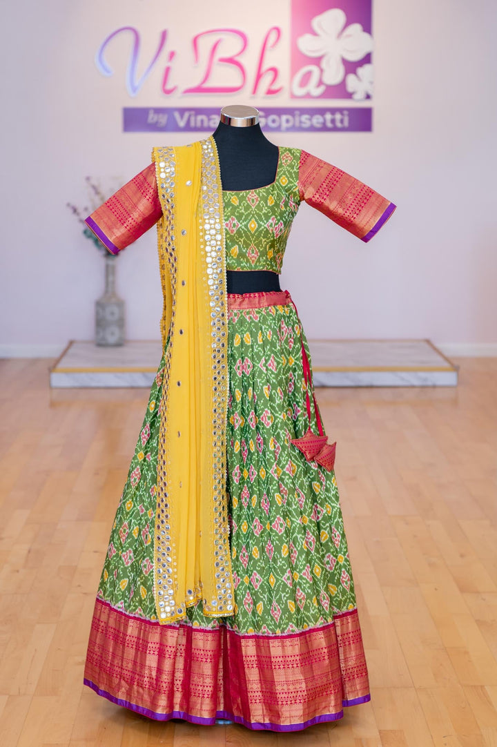 Lehengas - Light Green And Pink Ikkat Silk Lehenga