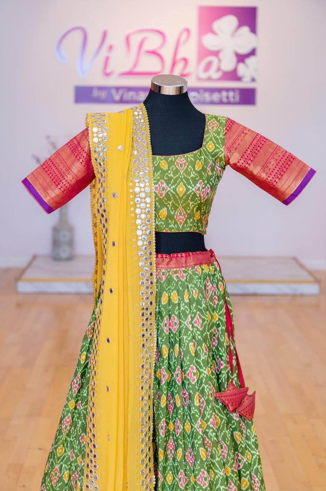 Lehengas - Light Green And Pink Ikkat Silk Lehenga