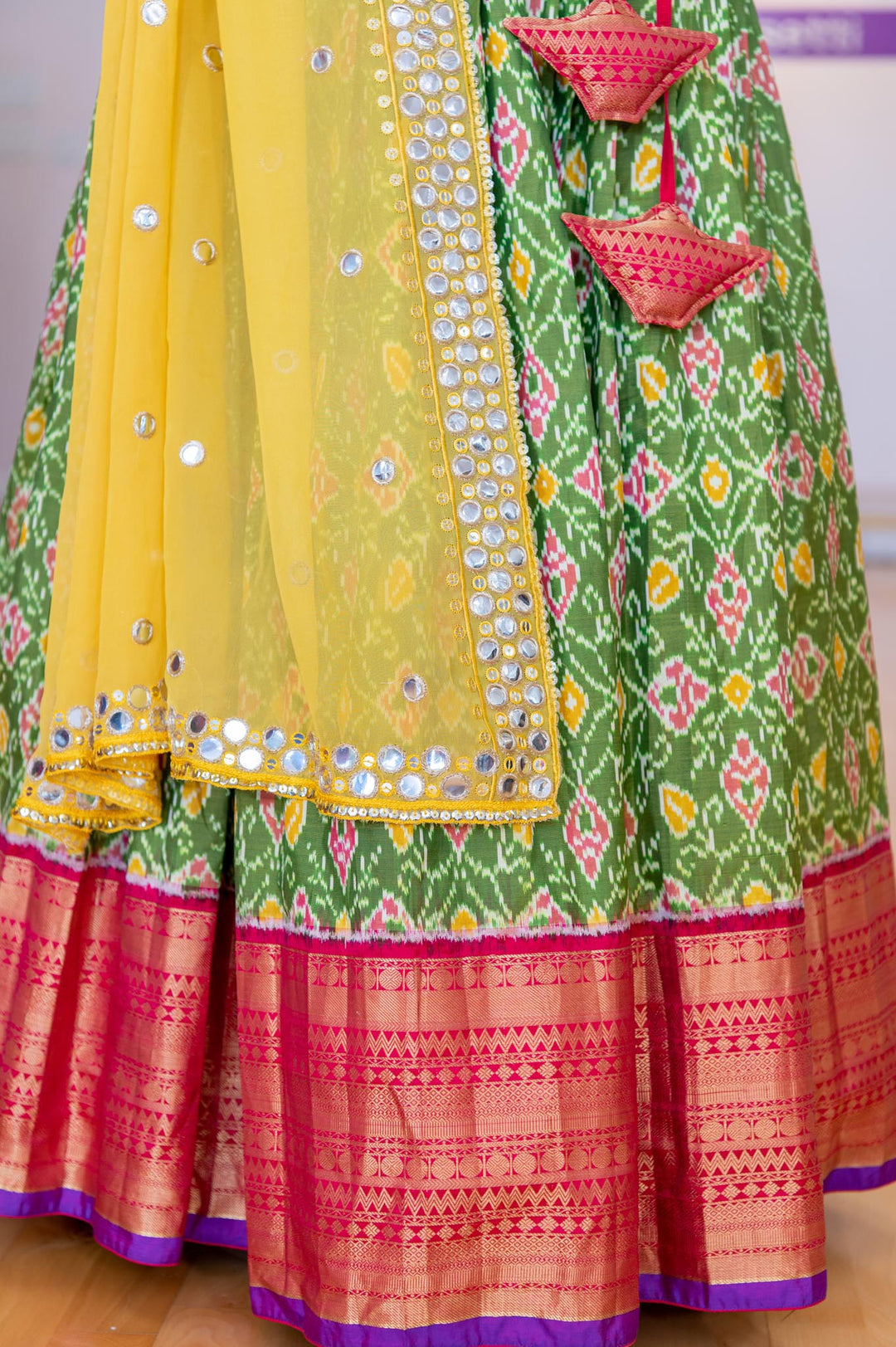 Lehengas - Light Green And Pink Ikkat Silk Lehenga