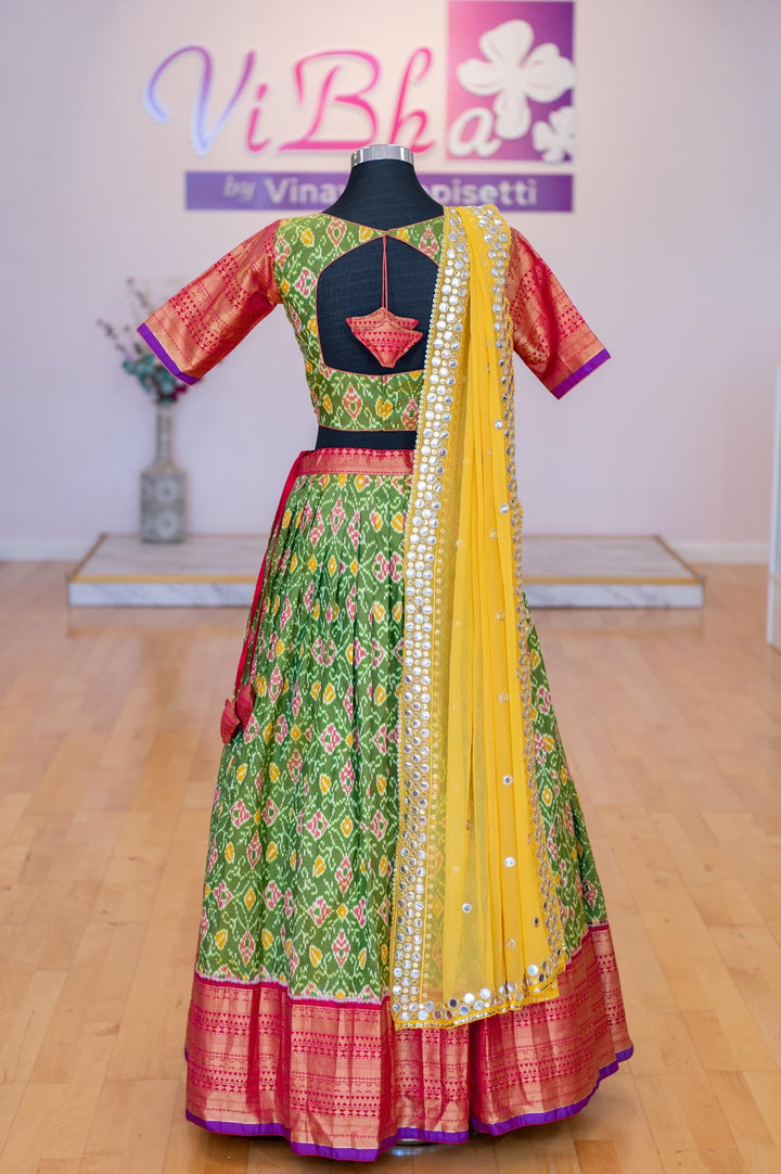 Lehengas - Light Green And Pink Ikkat Silk Lehenga