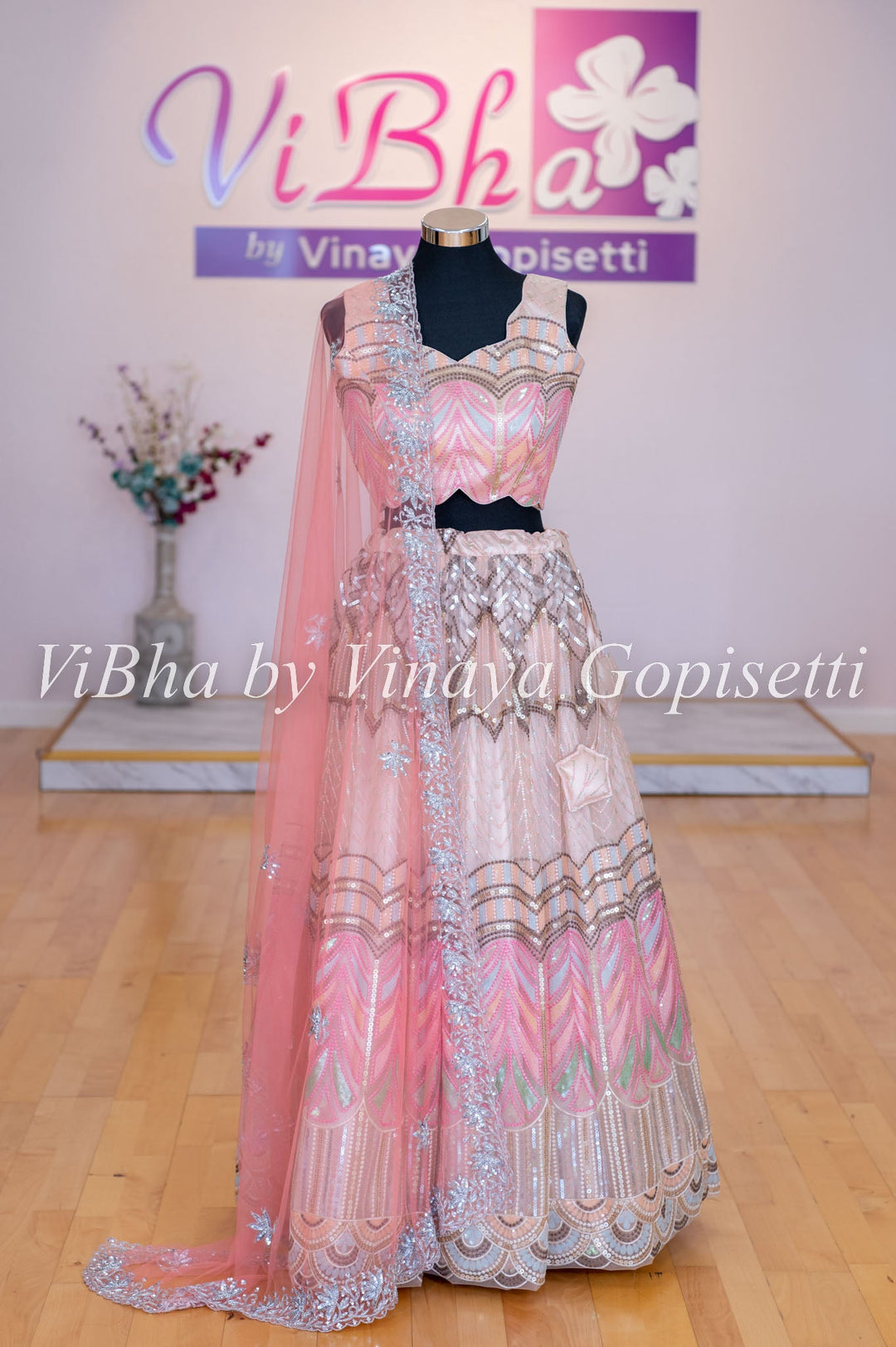 Lehengas - Light Peach Net Chevron Embroidered Lehenga