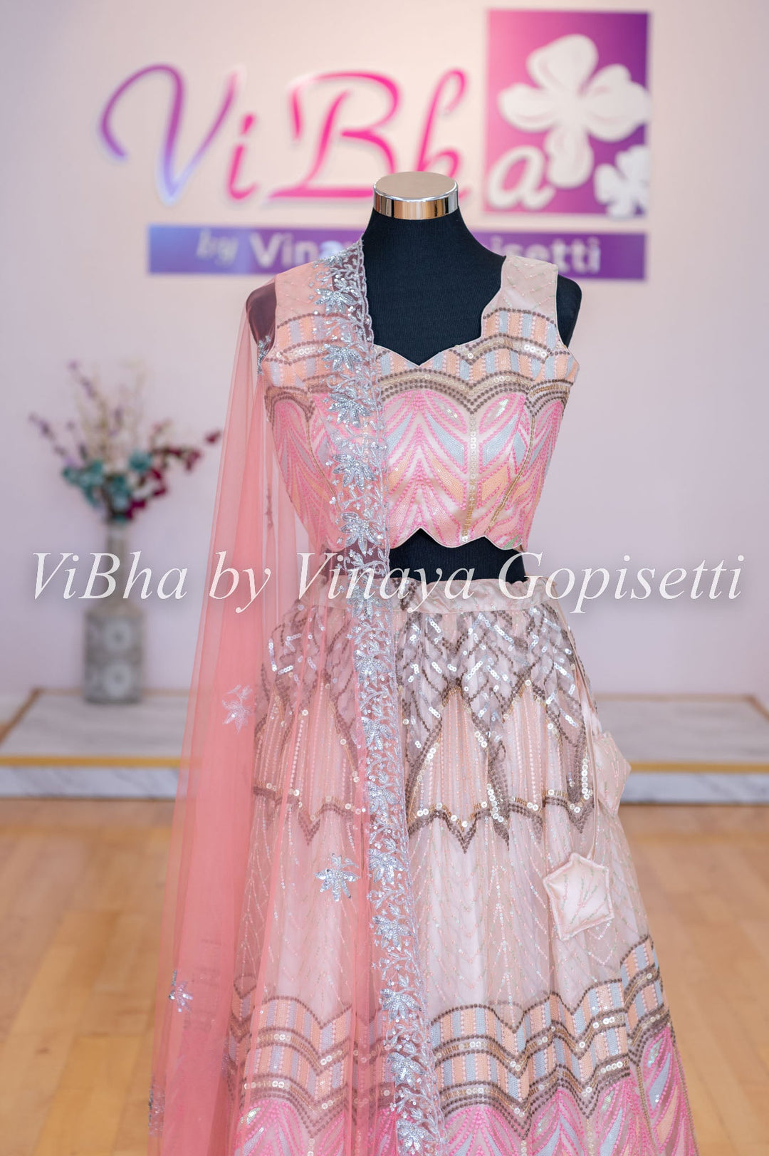 Lehengas - Light Peach Net Chevron Embroidered Lehenga