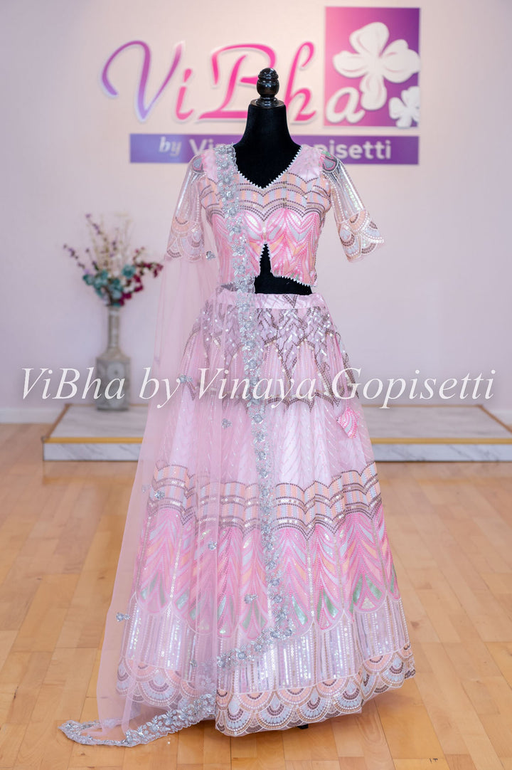 Lehengas - Light Pink Sequin Chevron Embroidered Lehenga