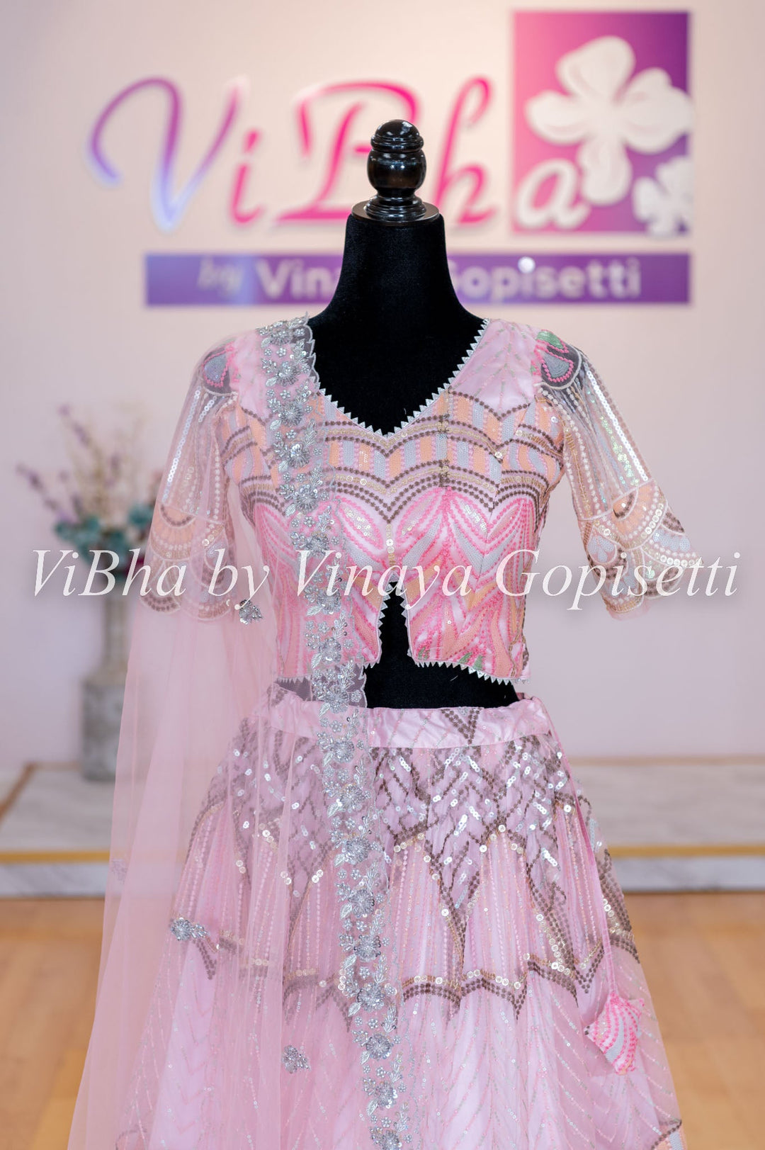 Lehengas - Light Pink Sequin Chevron Embroidered Lehenga