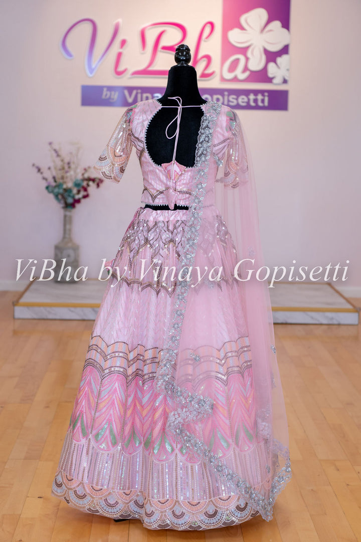 Lehengas - Light Pink Sequin Chevron Embroidered Lehenga