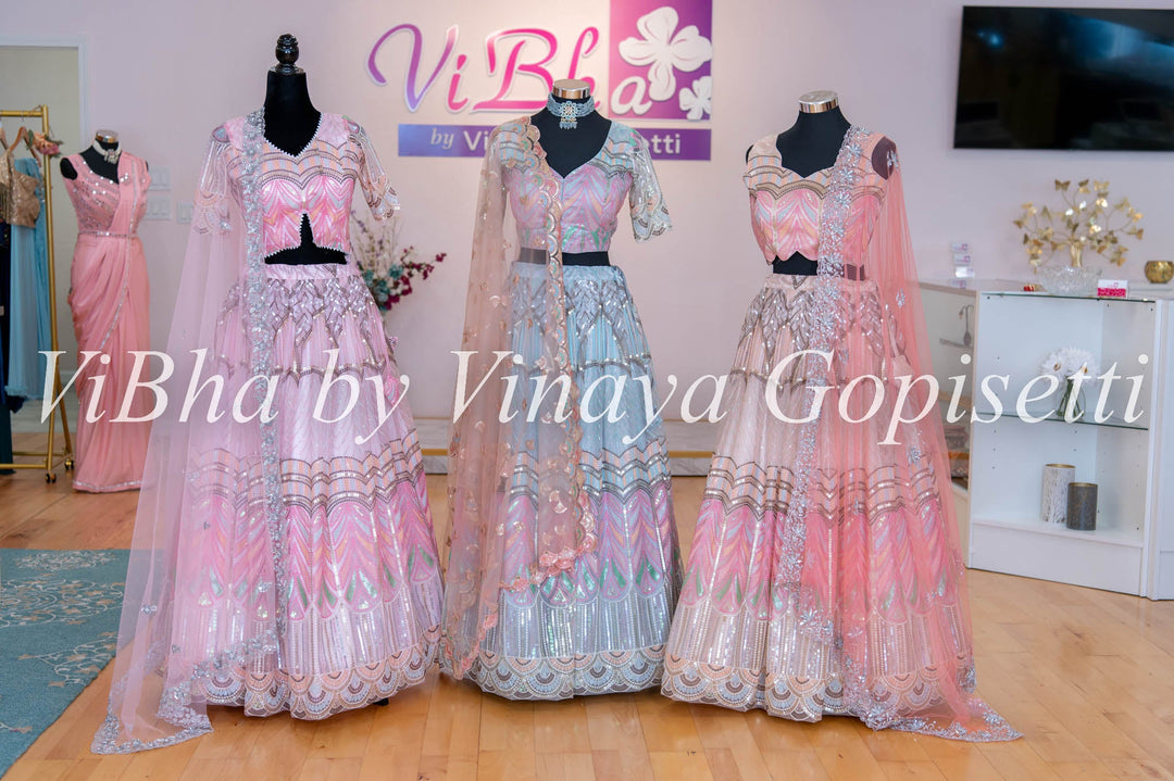 Lehengas - Light Pink Sequin Chevron Embroidered Lehenga