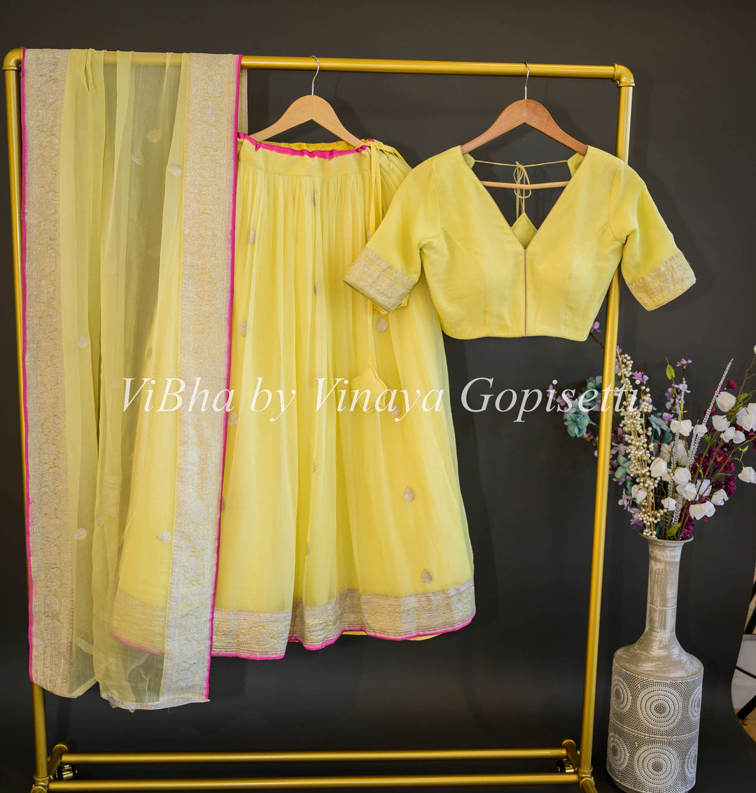 Lehengas - Light Yellow Benarasi Chiffon Lehenga Set