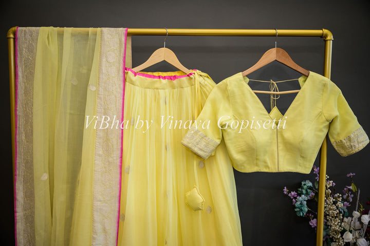 Lehengas - Light Yellow Benarasi Chiffon Lehenga Set