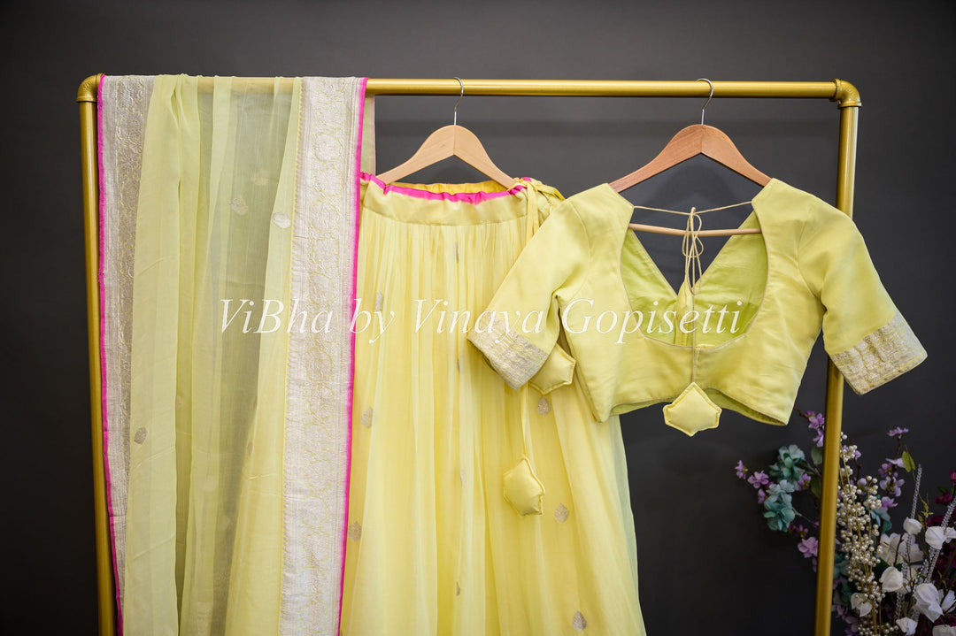 Lehengas - Light Yellow Benarasi Chiffon Lehenga Set