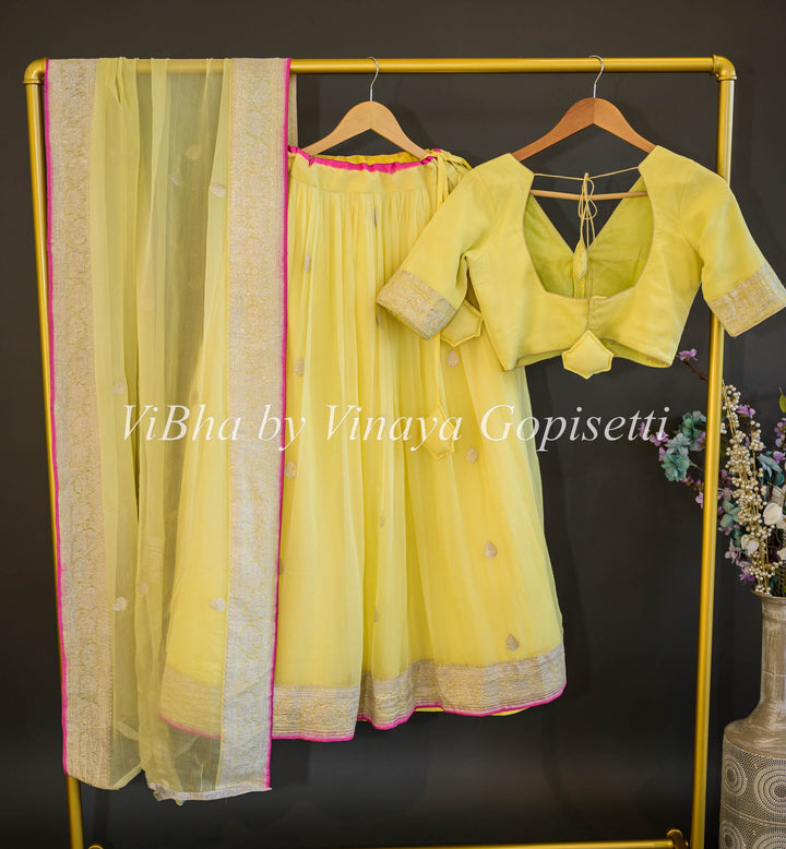 Lehengas - Light Yellow Benarasi Chiffon Lehenga Set