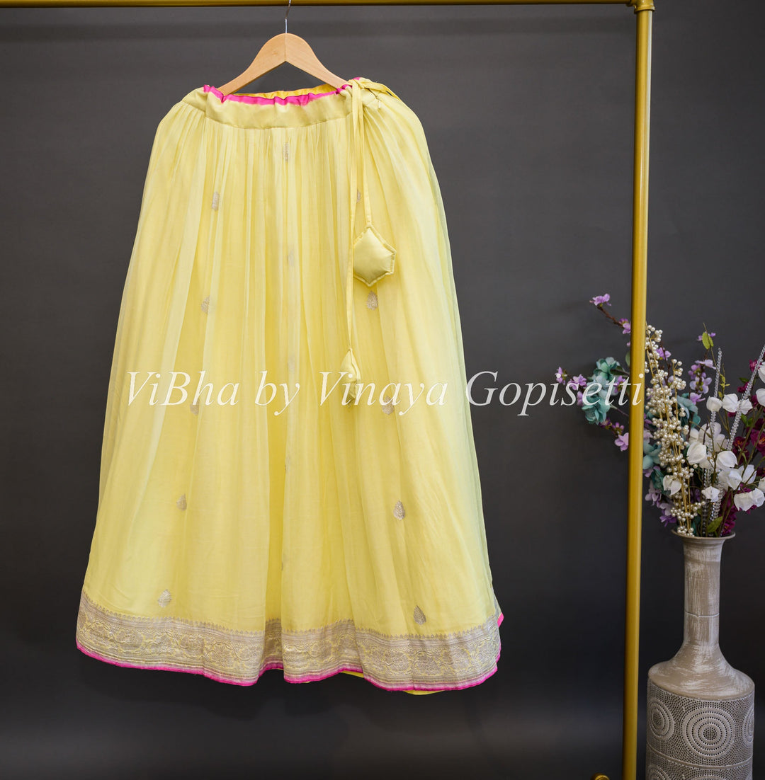 Lehengas - Light Yellow Benarasi Chiffon Lehenga Set