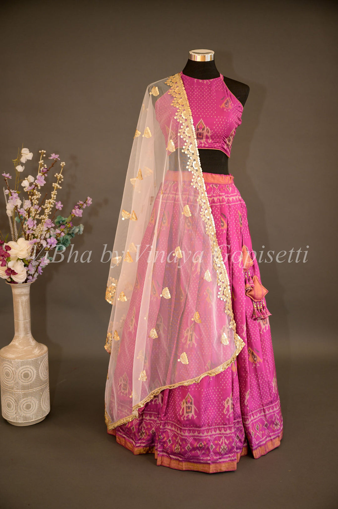 Lehengas - Magenta Patola Silk Lehenga With Cross Back Blouse And Pearl White Embroidered Dupatta