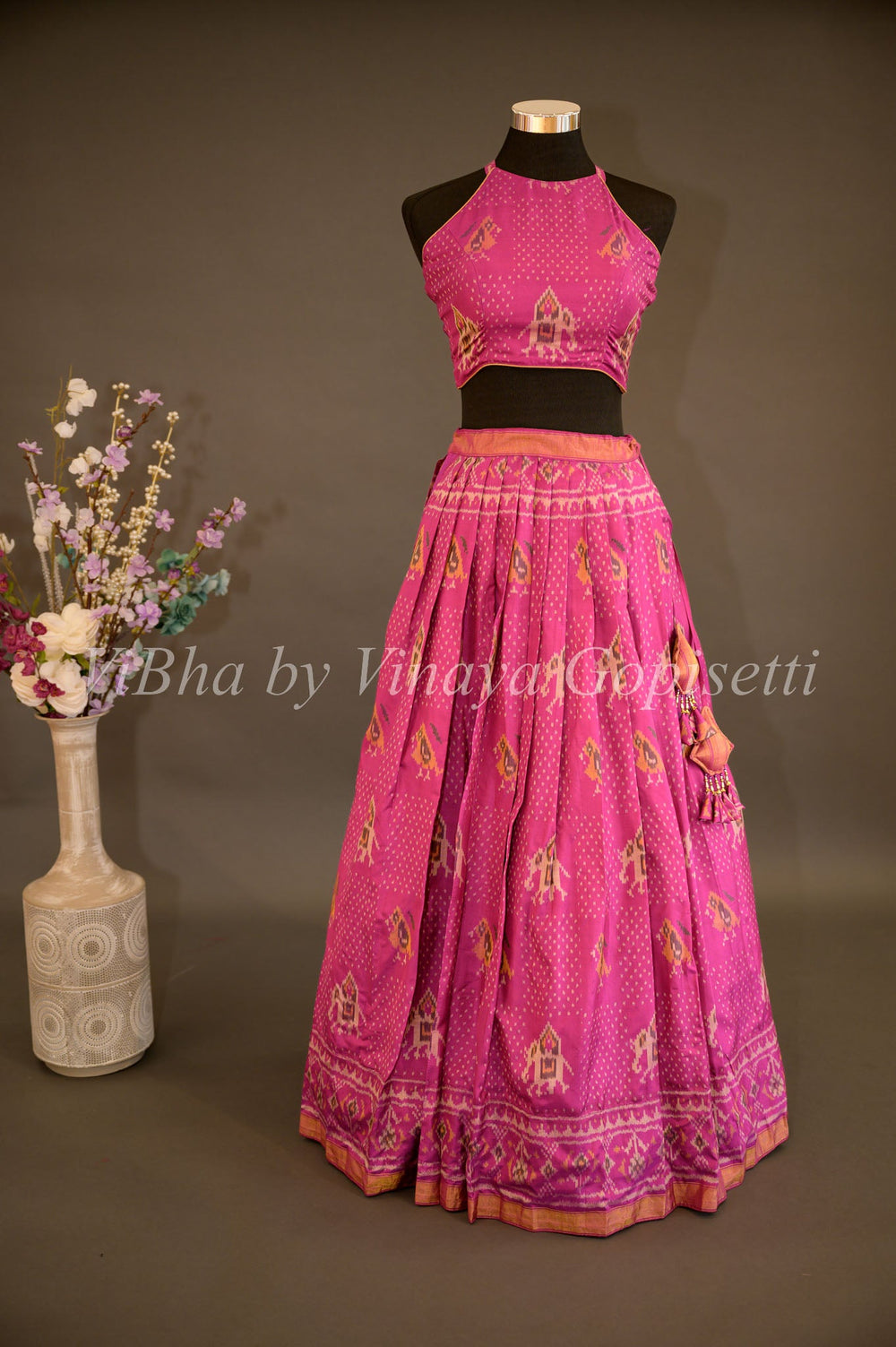 Lehengas - Magenta Patola Silk Lehenga With Cross Back Blouse And Pearl White Embroidered Dupatta