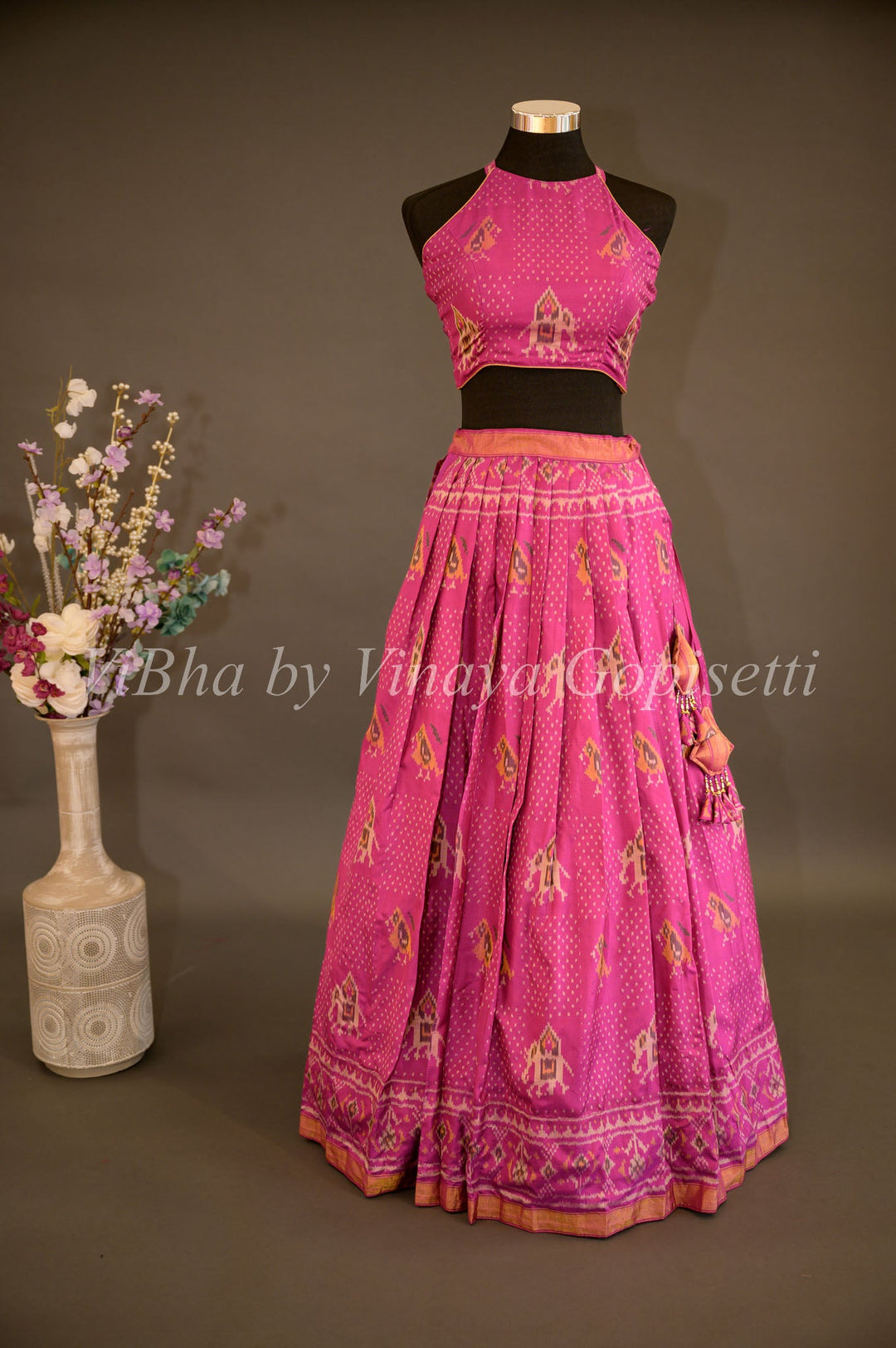 Lehengas - Magenta Patola Silk Lehenga With Cross Back Blouse And Pearl White Embroidered Dupatta