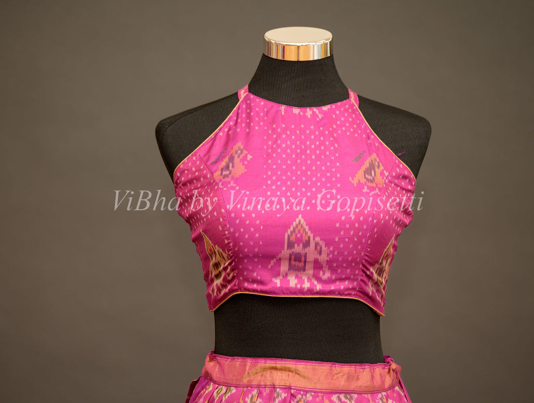 Lehengas - Magenta Patola Silk Lehenga With Cross Back Blouse And Pearl White Embroidered Dupatta