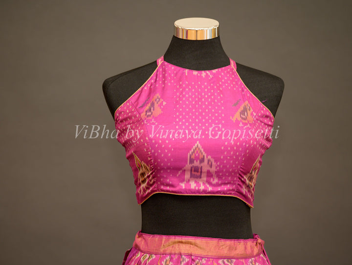 Lehengas - Magenta Patola Silk Lehenga With Cross Back Blouse And Pearl White Embroidered Dupatta