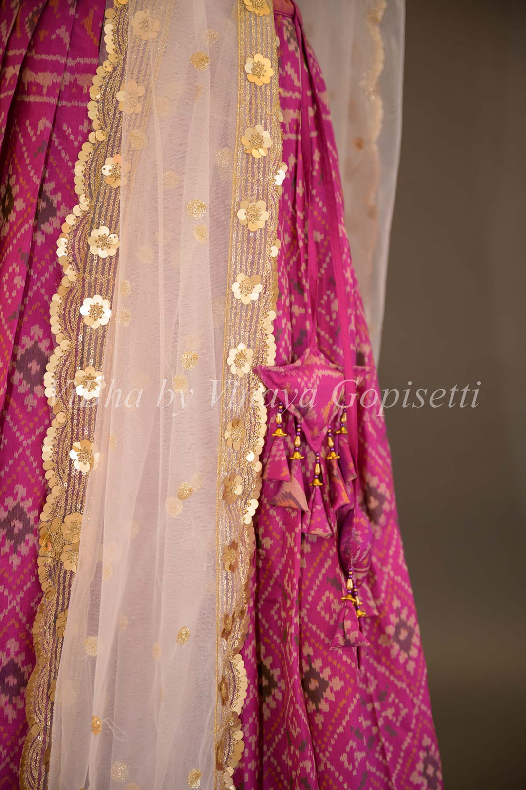 Lehengas - Magenta Patola Silk Lehenga With V Neck Blouse And Pearl White Embroidered Dupatta