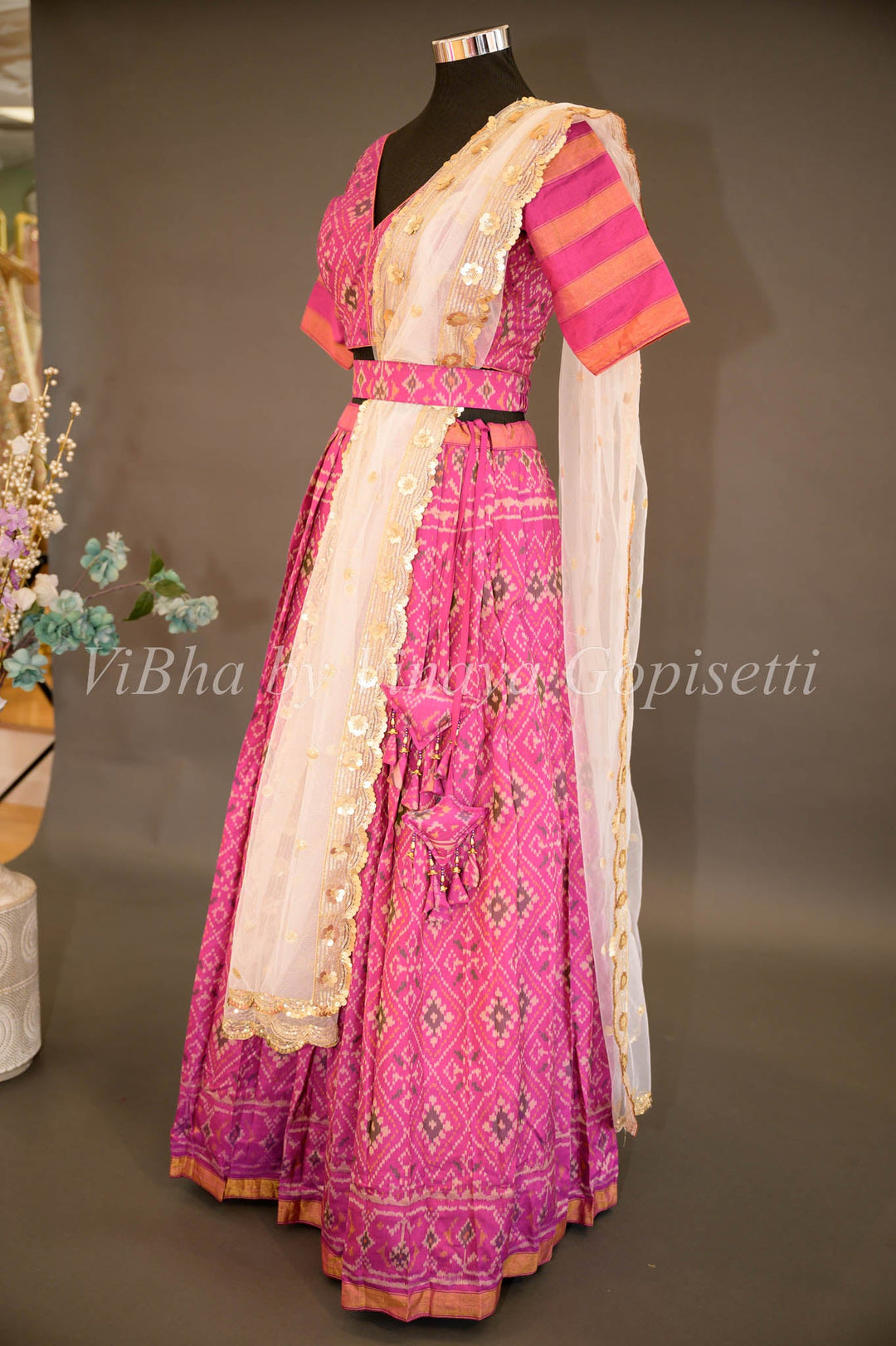 Lehengas - Magenta Patola Silk Lehenga With V Neck Blouse And Pearl White Embroidered Dupatta