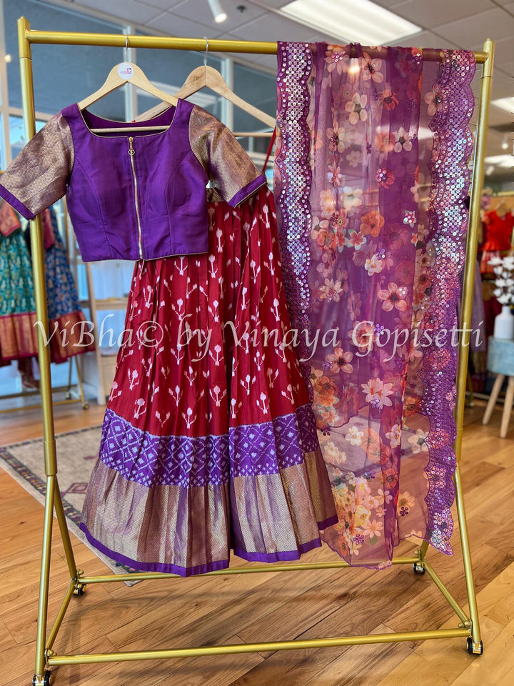 Lehengas - Maroon And Violet Ikkat Silk Lehenga