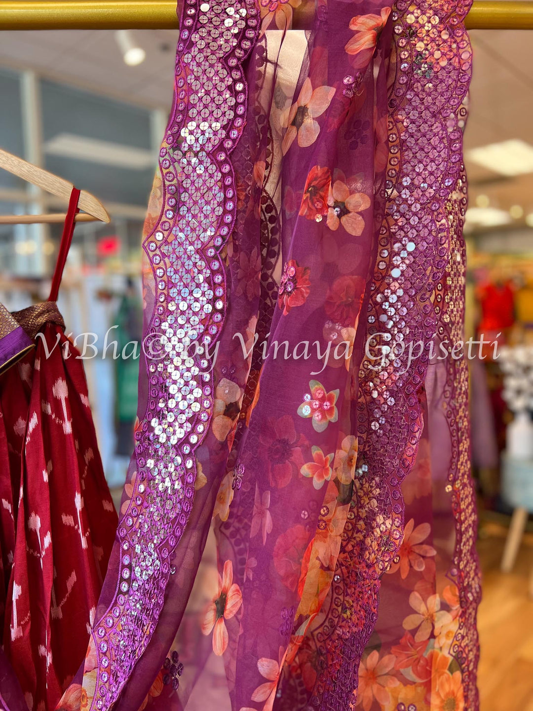 Lehengas - Maroon And Violet Ikkat Silk Lehenga