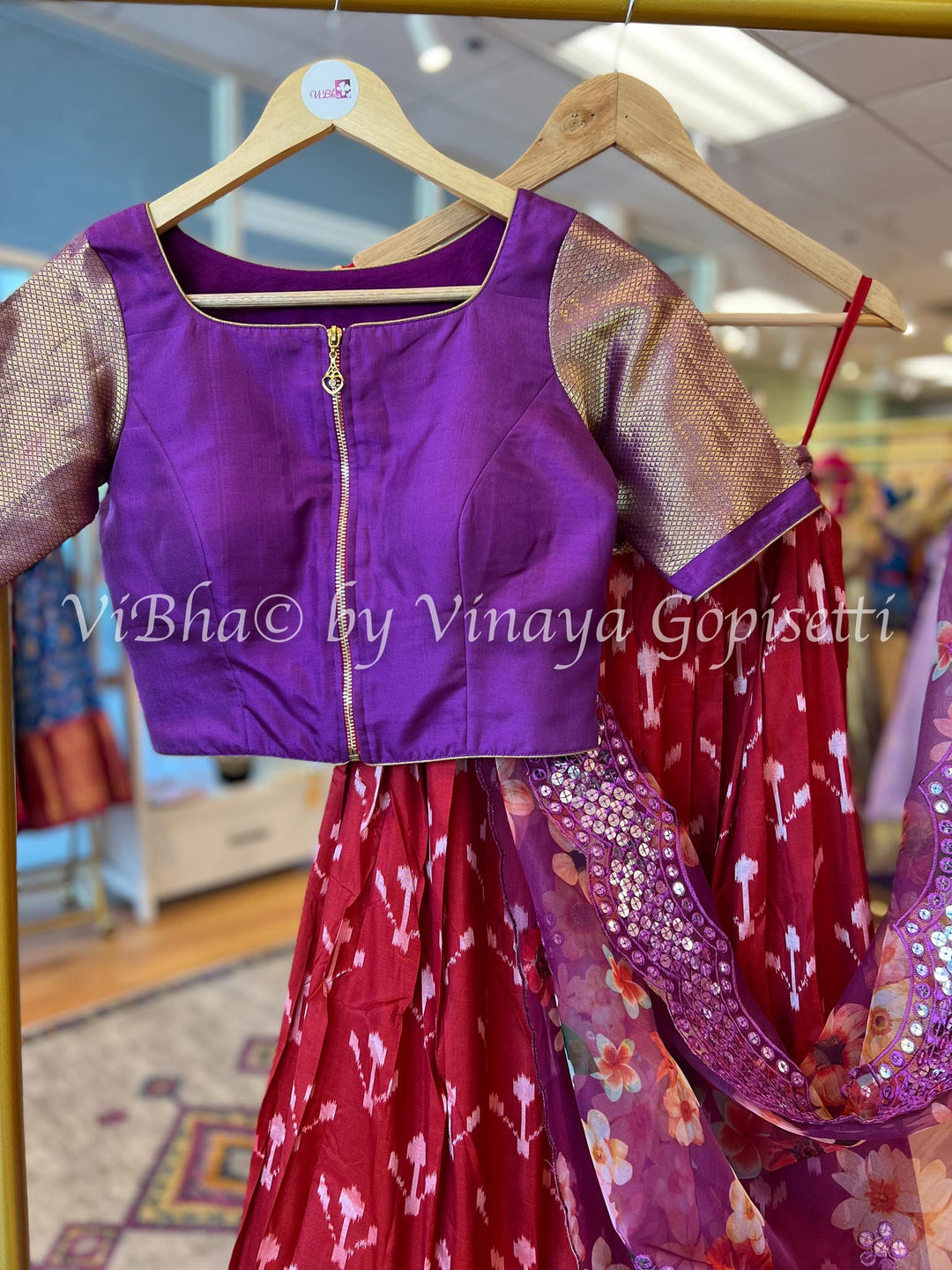 Lehengas - Maroon And Violet Ikkat Silk Pre-teen Lehenga