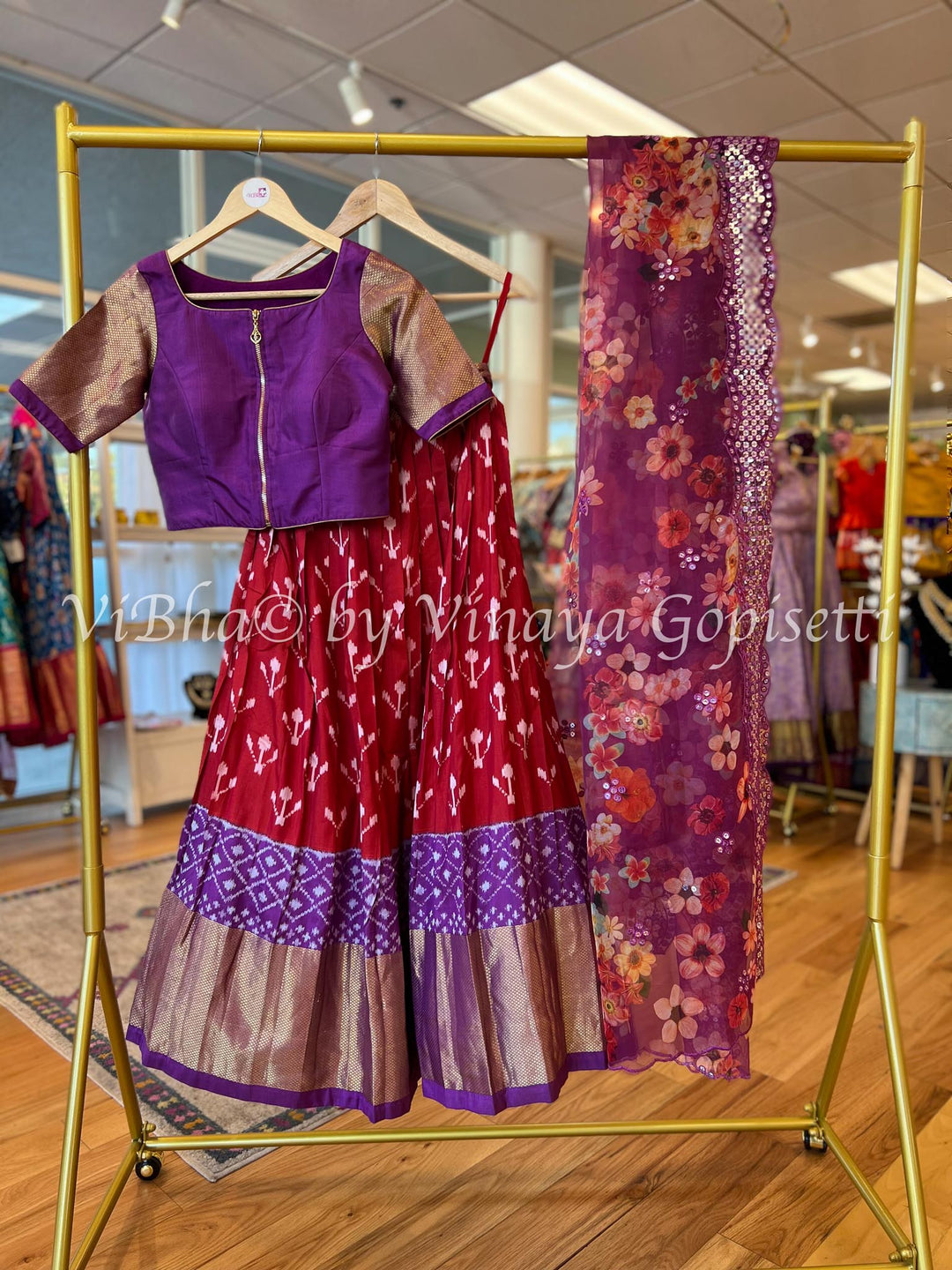 Lehengas - Maroon And Violet Ikkat Silk Pre-teen Lehenga