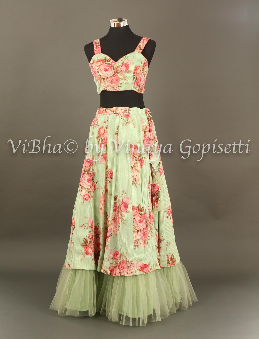 Lehengas - Mint Green Floral Shimmery Georgette Skirt Croptop