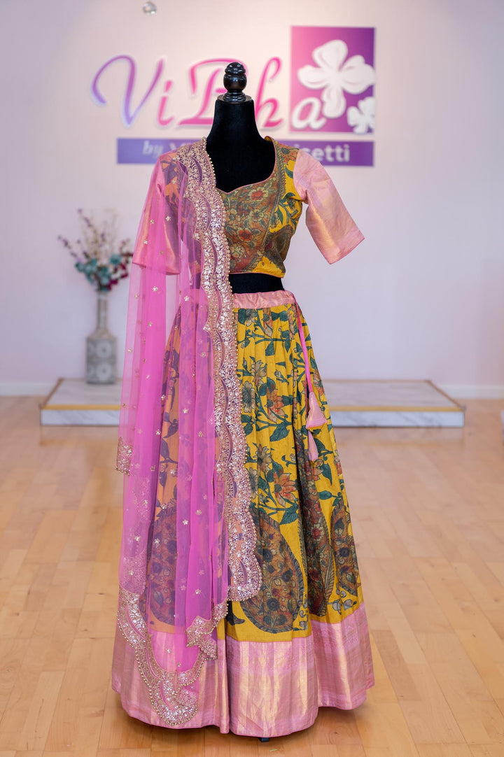 Lehengas - Mustard Yellow And Light Pink Pen Kalamkari Lehenga