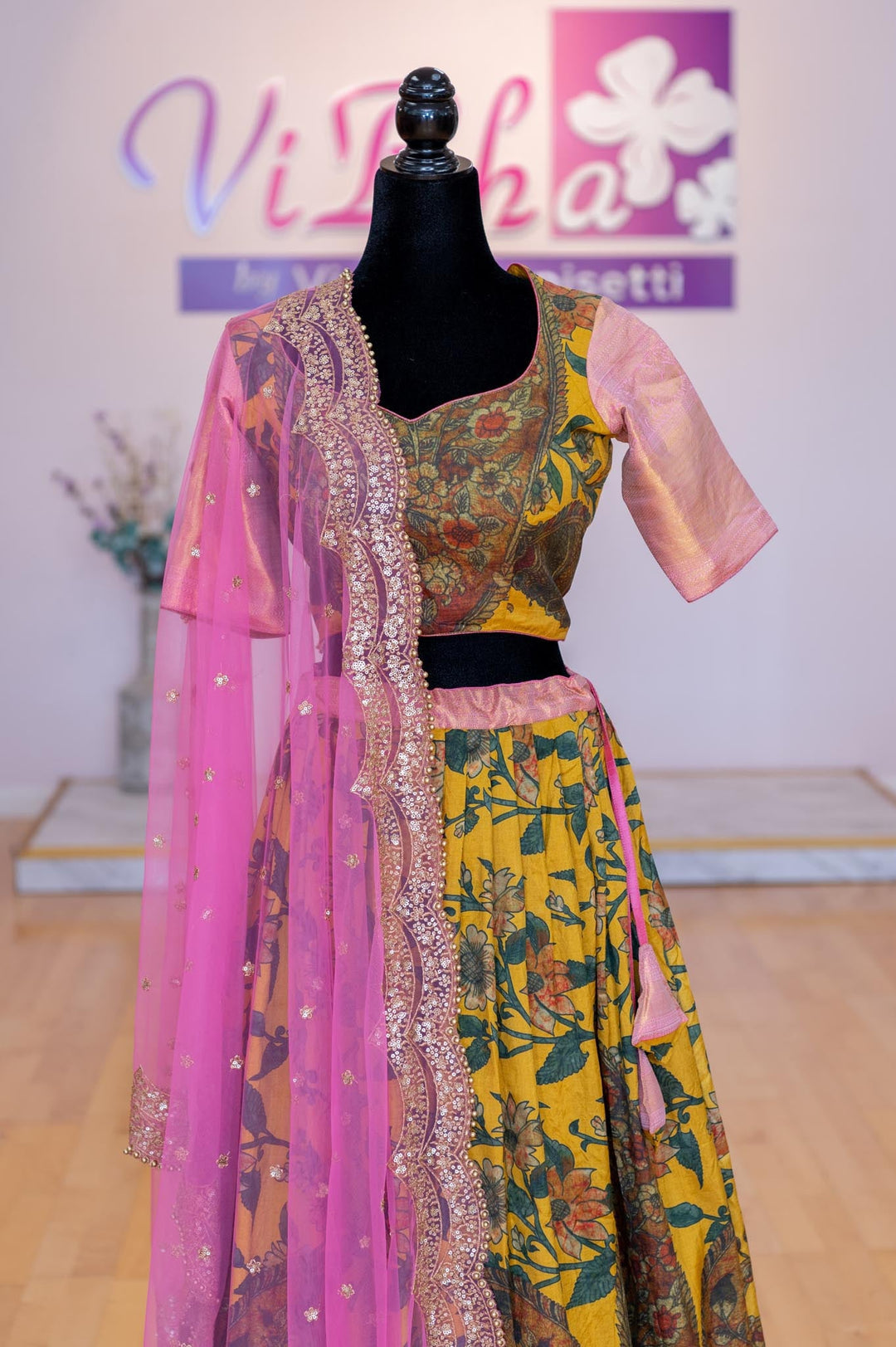 Lehengas - Mustard Yellow And Light Pink Pen Kalamkari Lehenga